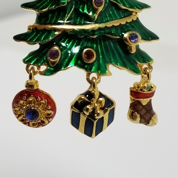 Vtg Christopher Radko Christmas Tree Pin Brooch Signed Dangle Enamel Rhinestone - Picture 6 of 9